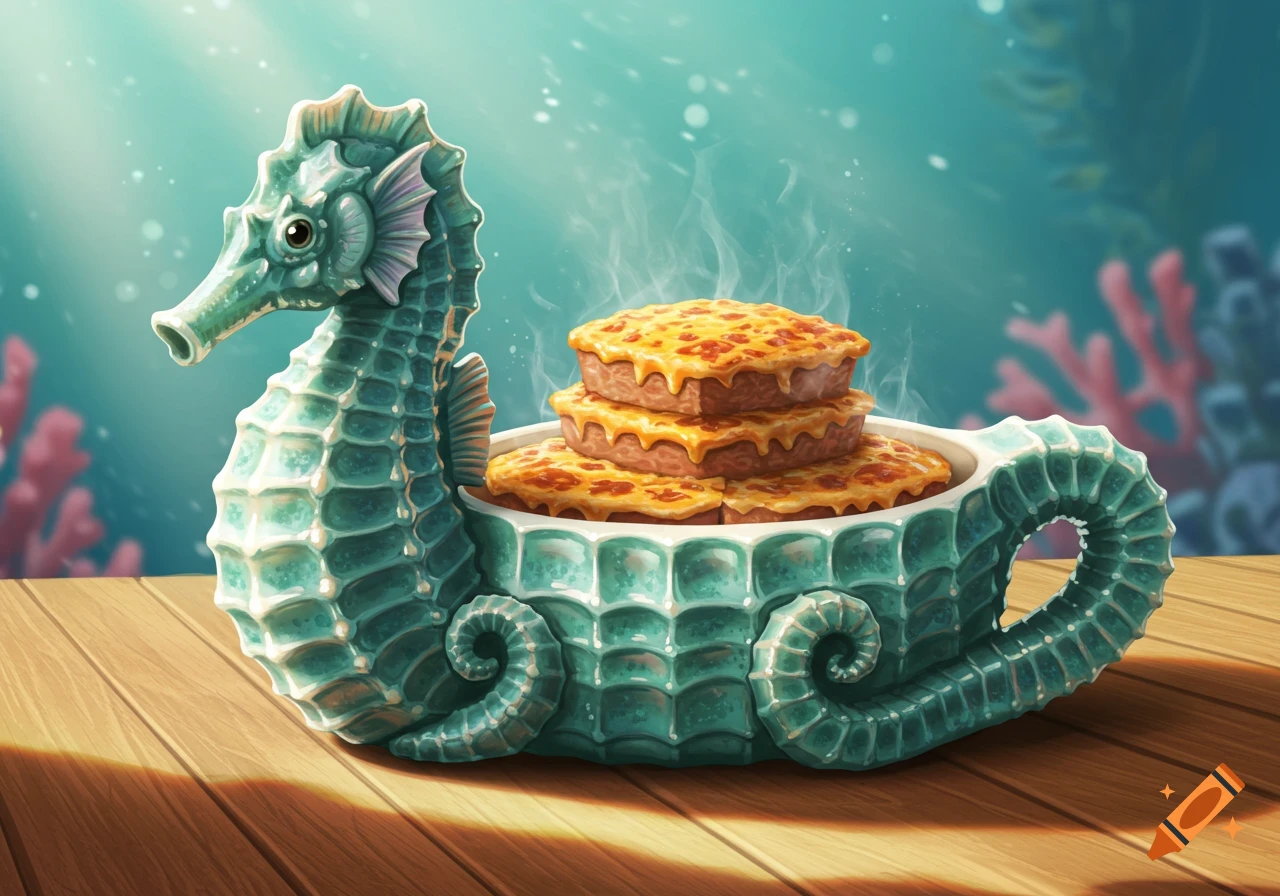 A teal seahorse-shaped casserole dish filled with hot, cheesy casserole on a wooden surface with an underwater background.