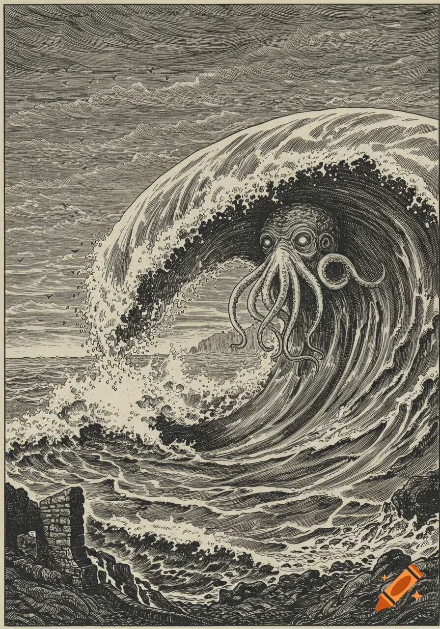 A monstrous Cthulhu-like face emerges from a giant wave crashing on a Breton island, in a vintage 1920s newspaper illustration style.