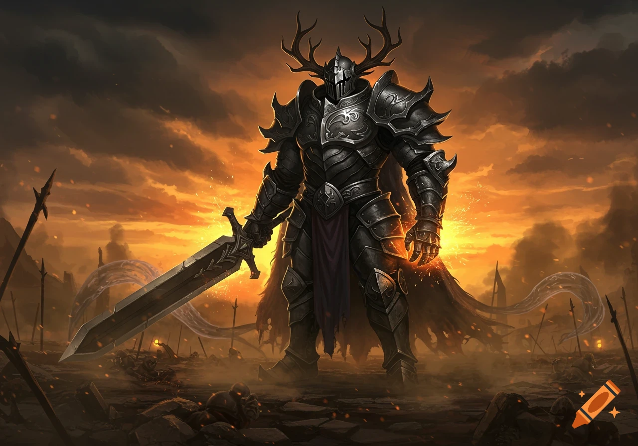 A heavily armored knight with an antlered helmet holds a massive sword on a fiery, desolate battlefield at sunset, digital art.