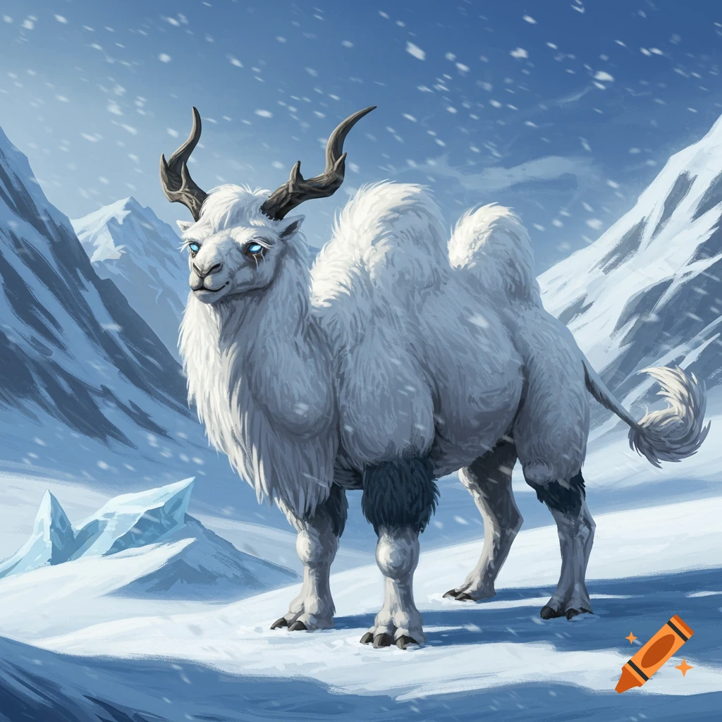 A majestic white furry camel-like creature with horns and two humps stands in a snowy mountain landscape.