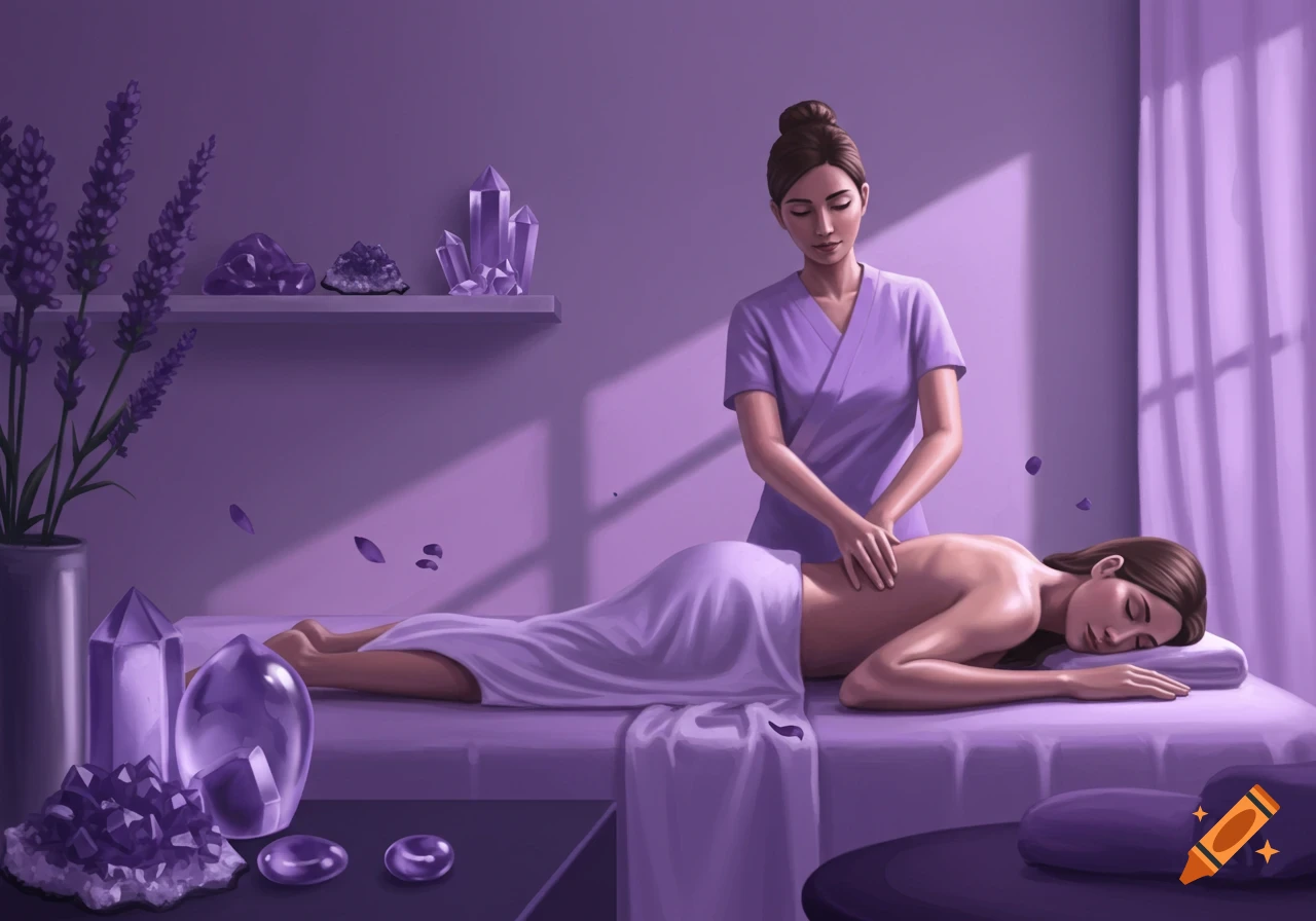 An illustration of a masseuse giving a back massage to a client in a purple-toned spa room with lavender and crystals.