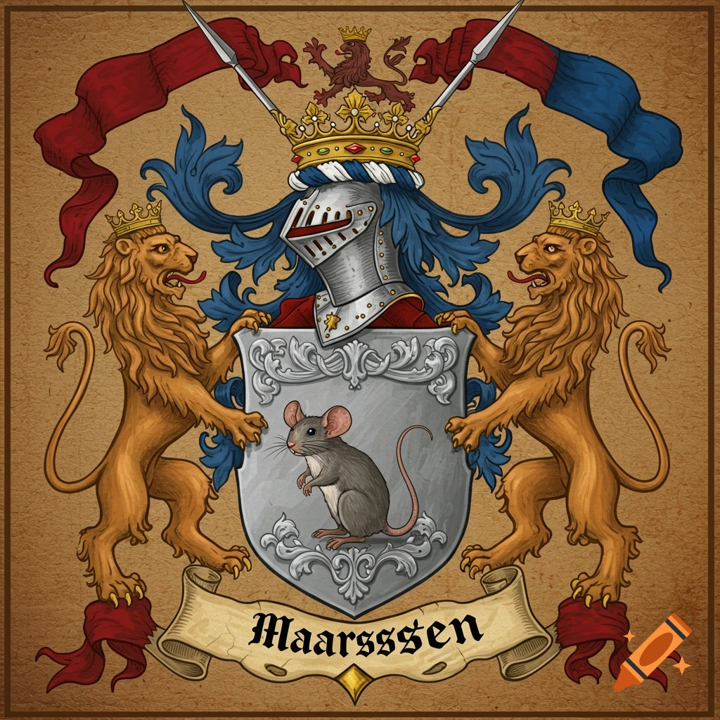 A heraldic coat of arms featuring a knight's helmet, two crowned lions, and a mouse on a shield, with a banner displaying 'Maarssen' text below. Styled like a classic family crest.