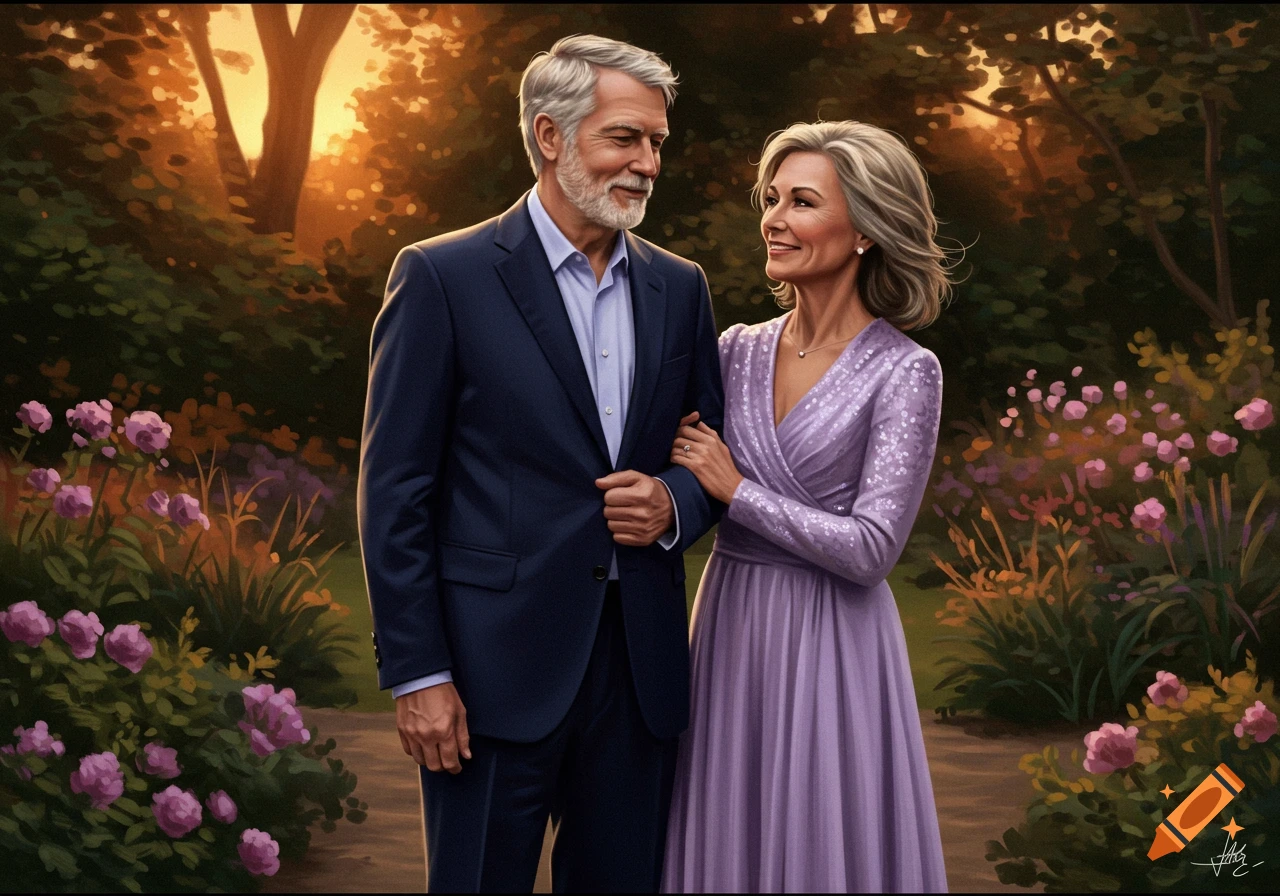 A digitally painted portrait of a smiling middle-aged couple in formal wear, walking arm-in-arm in a lush, sunlit garden.