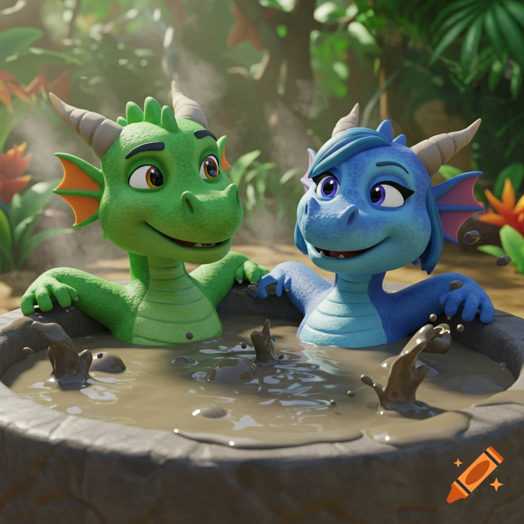 A green and a blue cartoon dragon happily splash in a mud hot tub in a lush jungle, 3D animation.