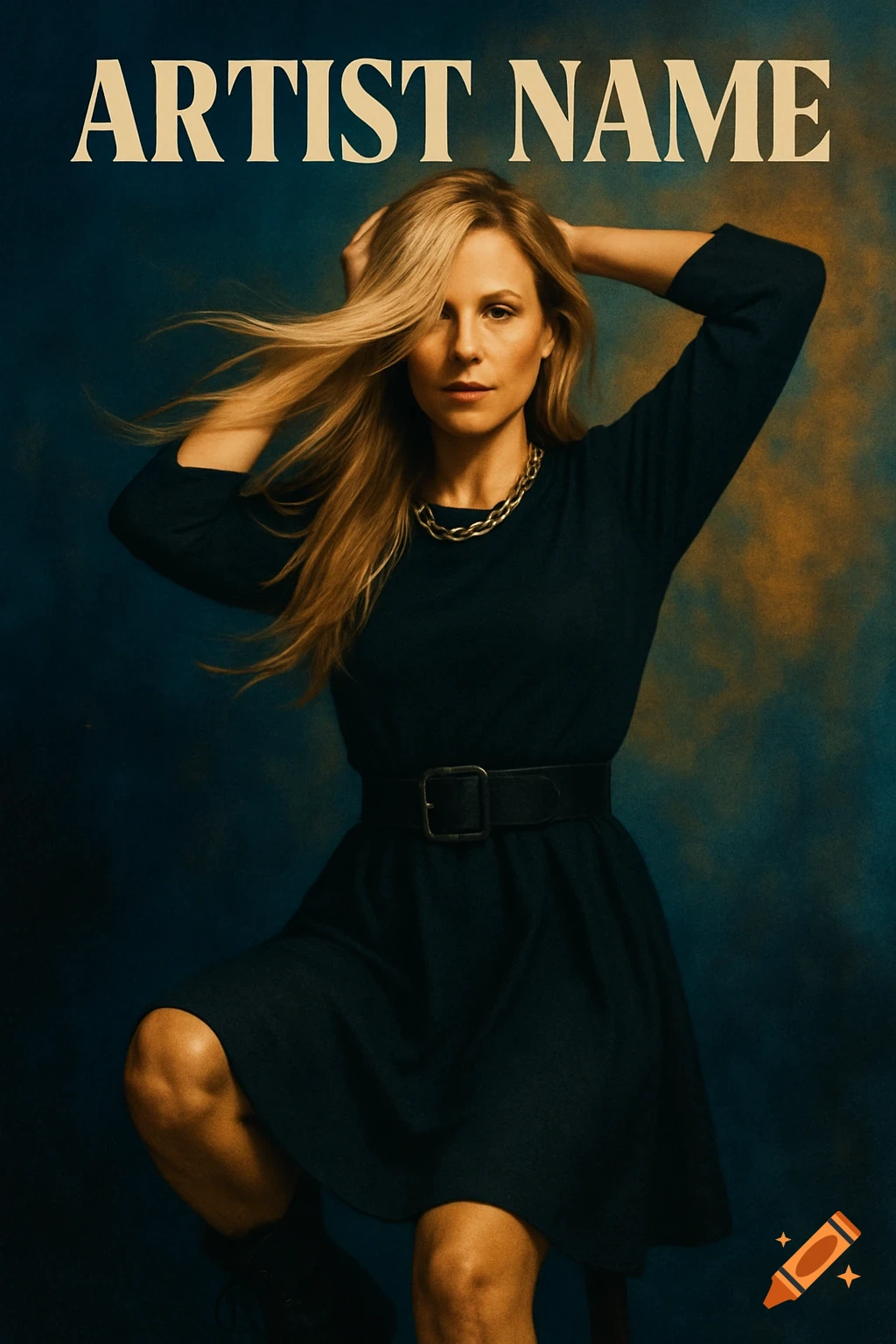 A woman with long blonde hair in a black dress and gold chain necklace poses with her hands behind her head on an album cover, text 'ARTIST NAME' at the top.