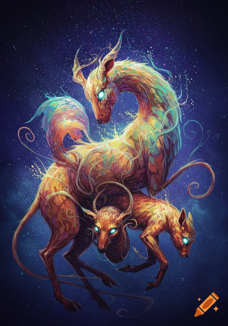 Vibrant digital art of three intertwined, fantastical deer-like creatures with glowing blue eyes and swirling patterns, starry background.
