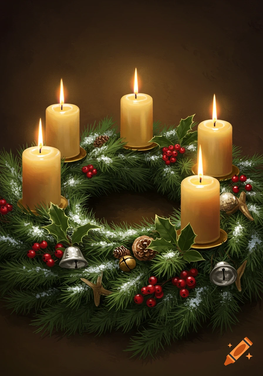Painted Advent wreath adorned with green fir branches, red berries, pinecones, small bells, and five lit candles on a dark background.