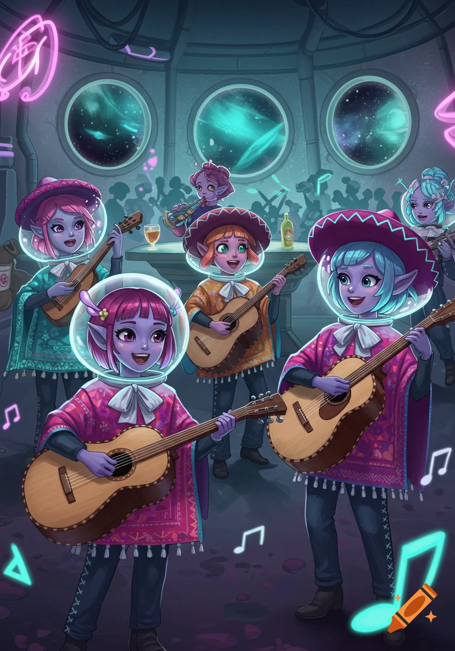Alien anime girls in space helmets and ponchos play guitars in a spaceship mariachi band, surrounded by glowing musical notes.