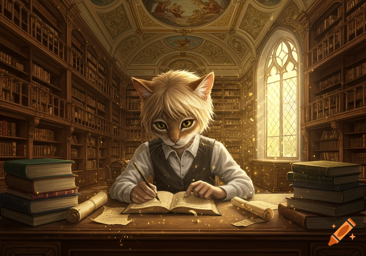 An anthropomorphic cat with blond hair in a white shirt and vest studies at a wooden desk in a grand, ornate library, bathed in golden light.
