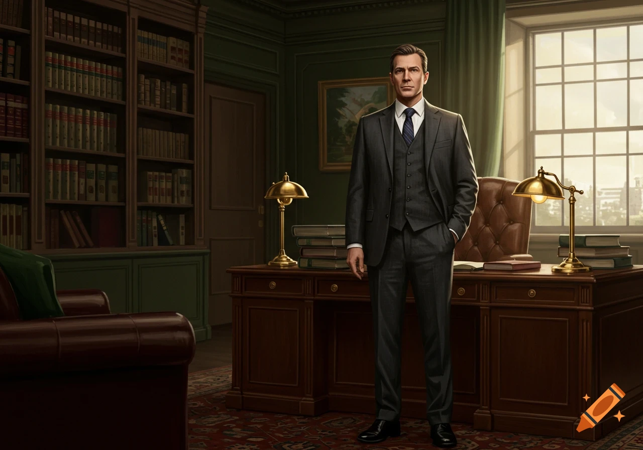 A man in a dark suit stands in a traditional green-paneled office with a wooden desk, bookshelves, and a large window.