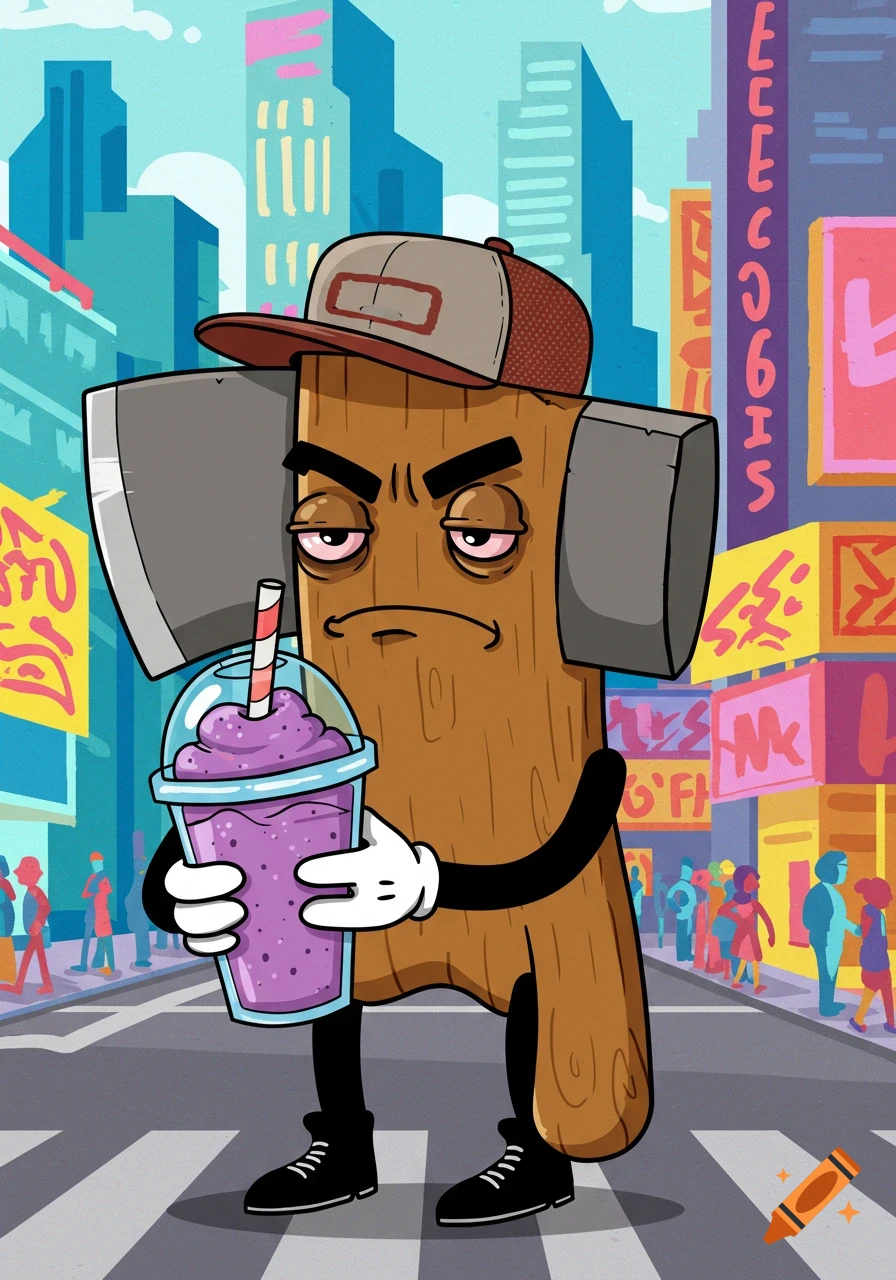 A cartoon axe character with an unamused face, wearing a trucker hat, holds a purple slushy while standing on a city street.