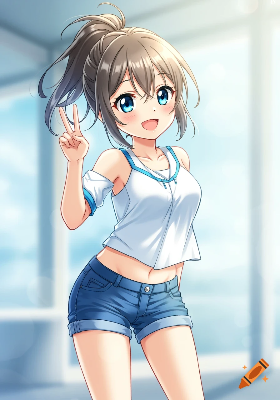 An energetic anime girl with a ponytail, blue eyes, wearing a white top and denim shorts, making a peace sign in a bright setting.
