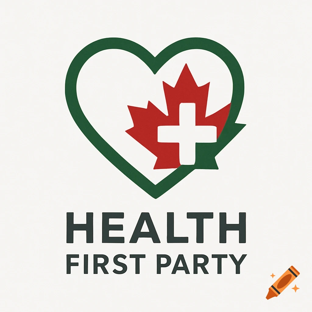 Minimal logo with a green heart, red maple leaf, white medical cross, and 'HEALTH FIRST PARTY' text.