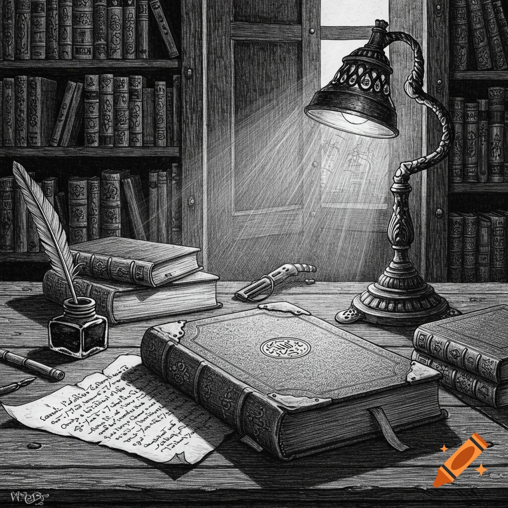 A detailed black and white illustration of an old desk with an ornate lamp, quill, inkwell, books, and a handwritten letter.