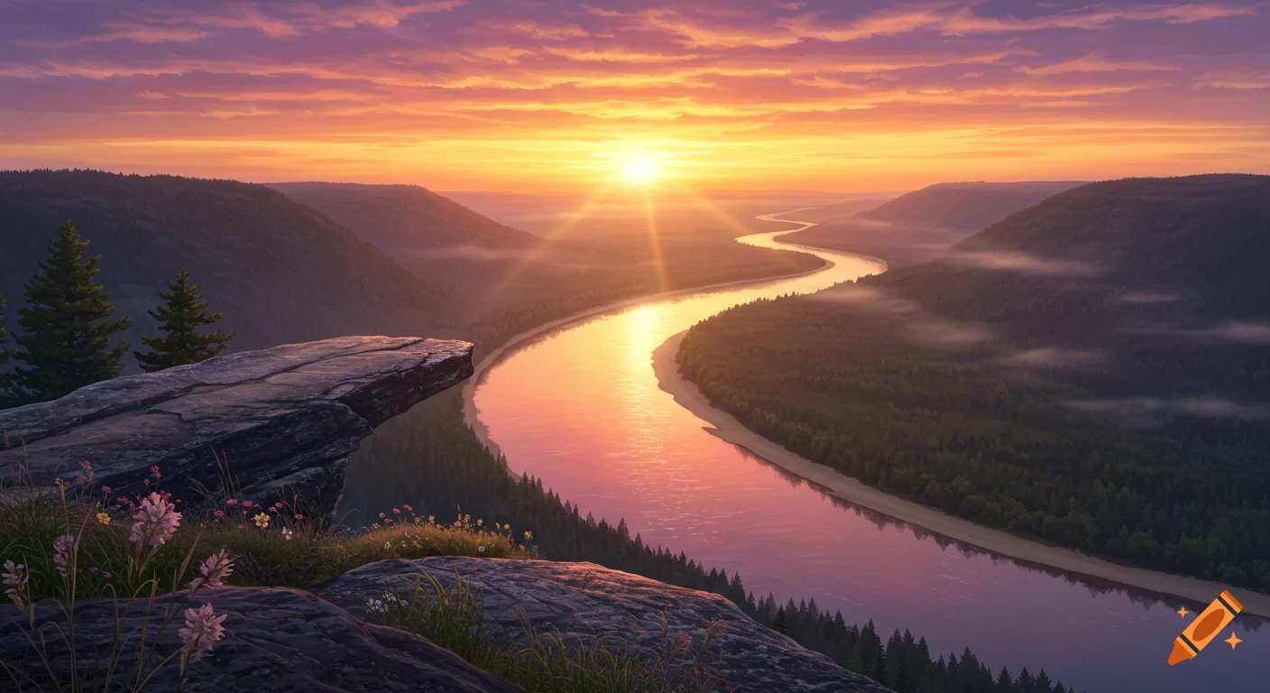 A majestic sunrise over a winding river through a forested valley, viewed from a rocky cliff.