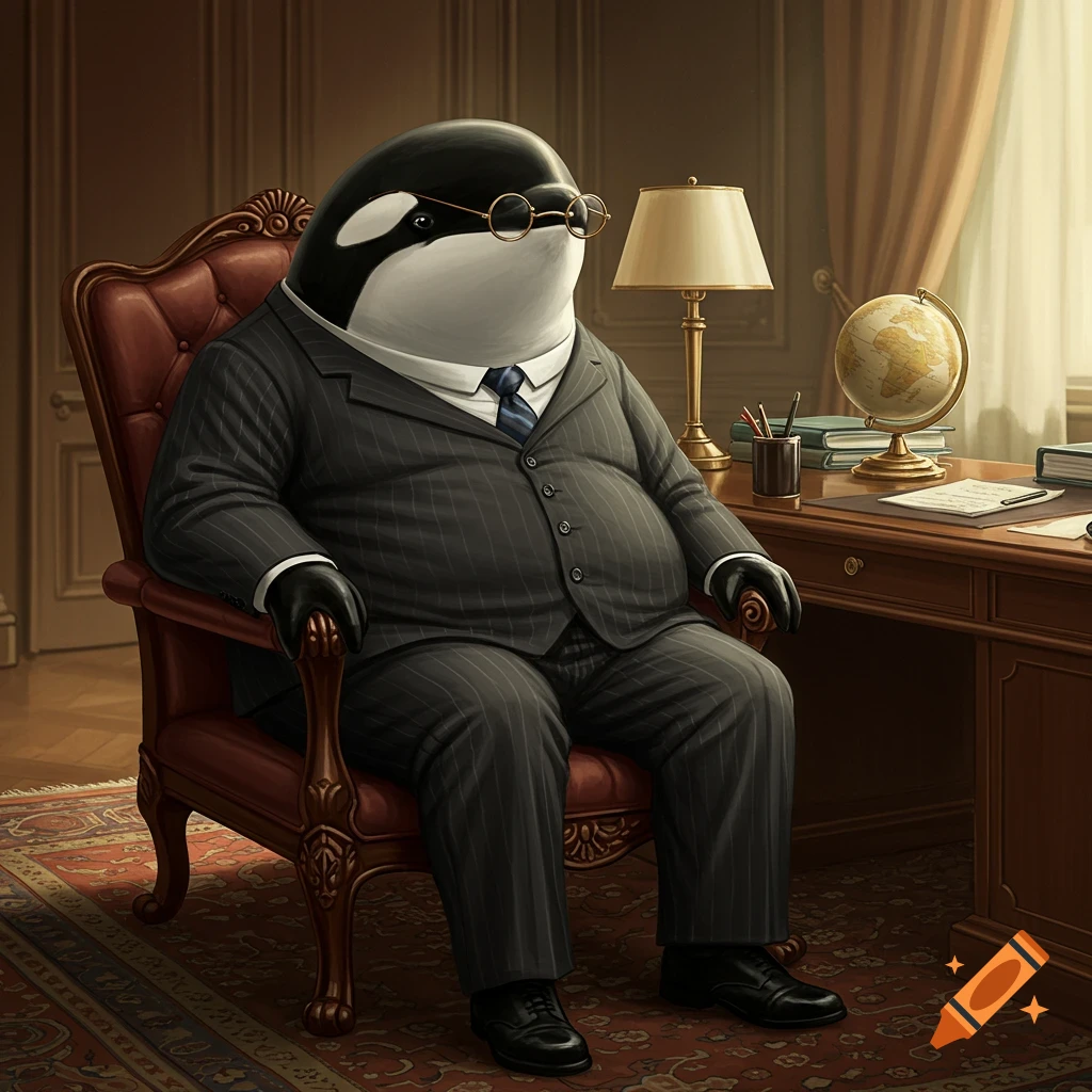 An anthropomorphic orca wearing a pinstripe suit and glasses sits in a red armchair at a wooden desk in an office.