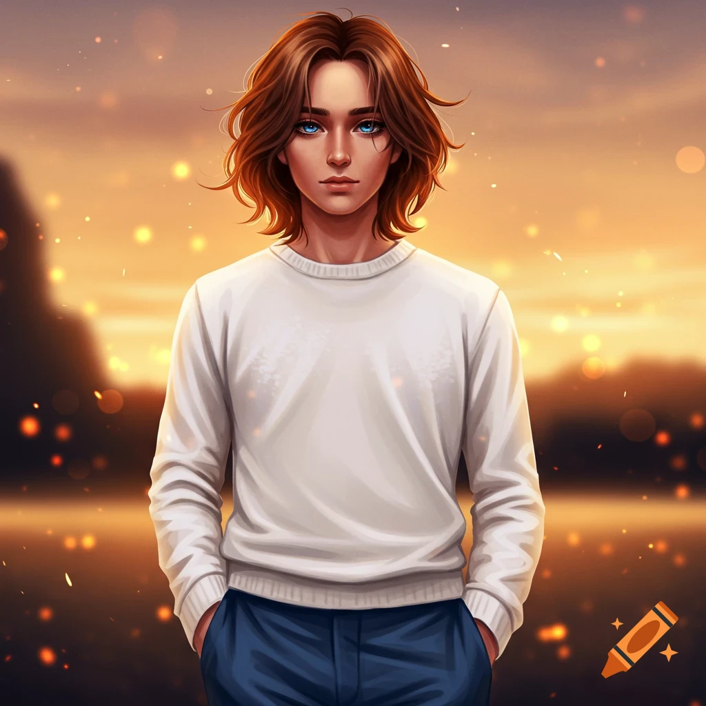 An anime-style portrait of a person with brown hair and blue eyes, wearing a white sweater and blue pants, standing against a sunset bokeh background.
