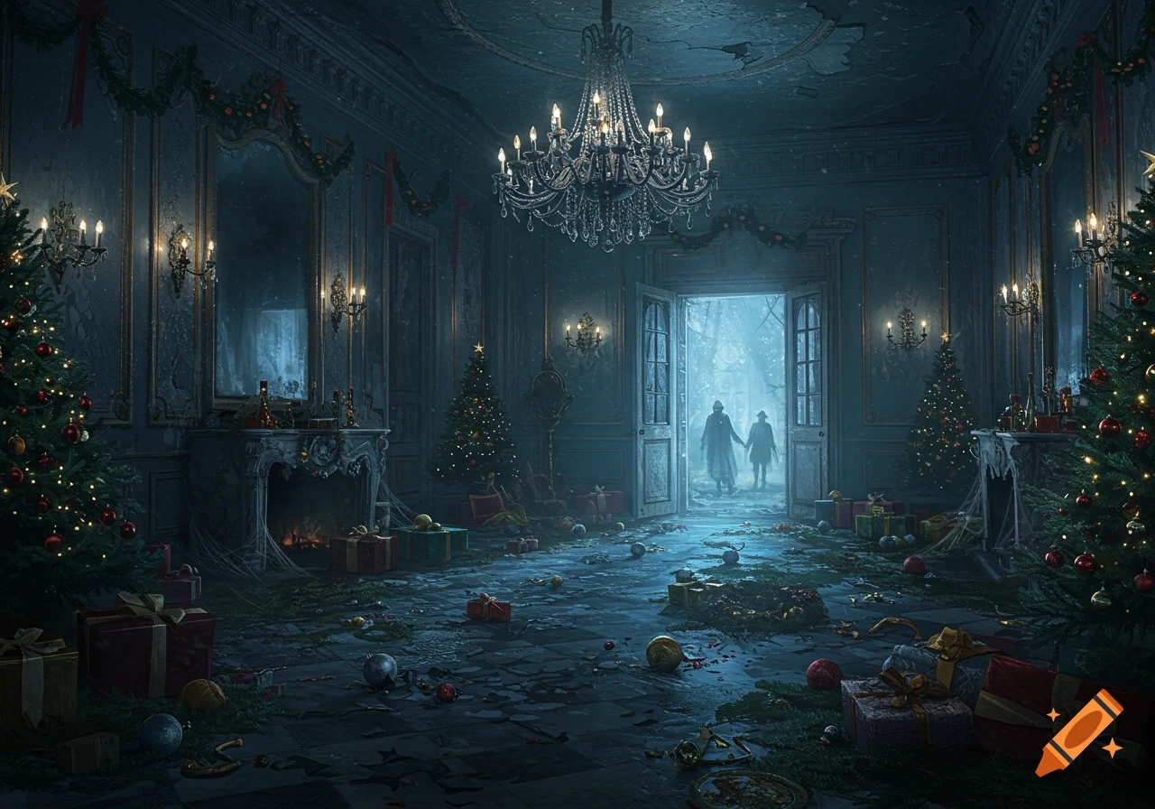 An eerie, abandoned mansion ballroom decorated for Christmas, with debris on the floor and two figures entering from a snowy landscape.