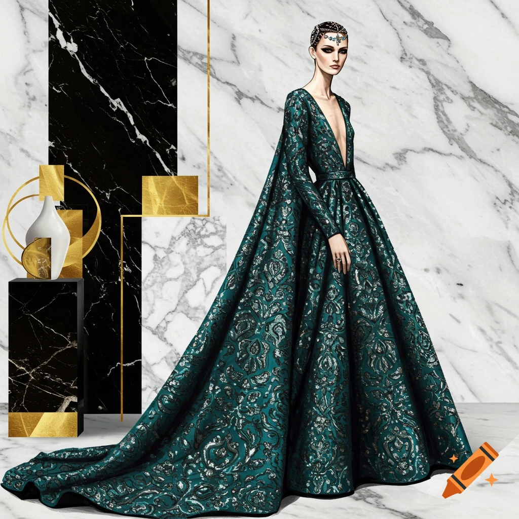 Fashion illustration of a woman in an ornate emerald green haute couture gown with a deep V-neck, set against black and white marble and gold geometric shapes.