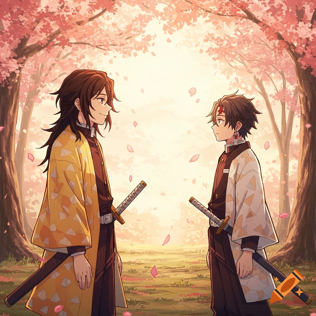 Two anime characters in traditional Japanese attire stand opposite each other under cherry blossom trees with falling petals.
