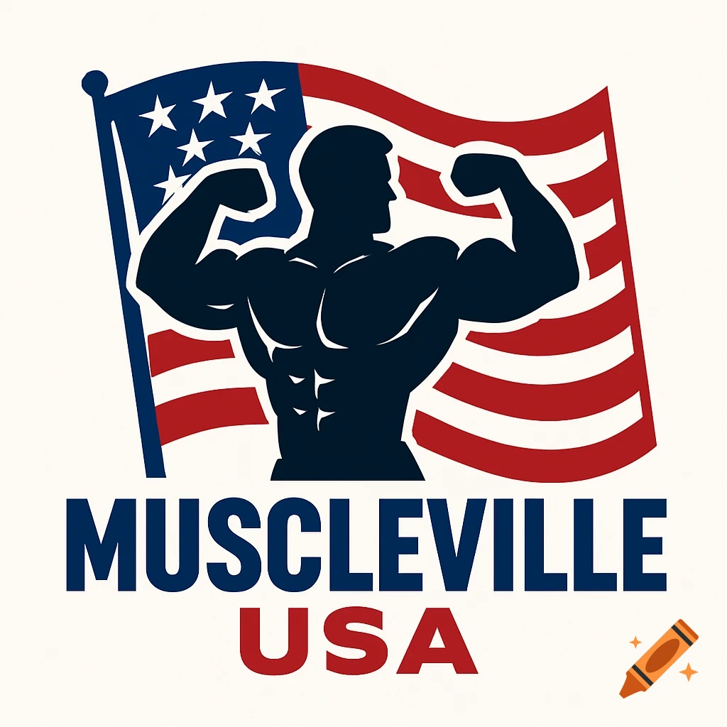 A logo featuring a silhouette of a muscular man flexing in front of a waving US flag, with the text 'MUSCLEVILLE USA' below.