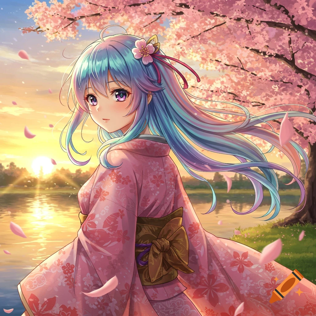 An anime girl with blue and purple hair in a pink kimono stands under cherry blossoms at sunset by a lake.