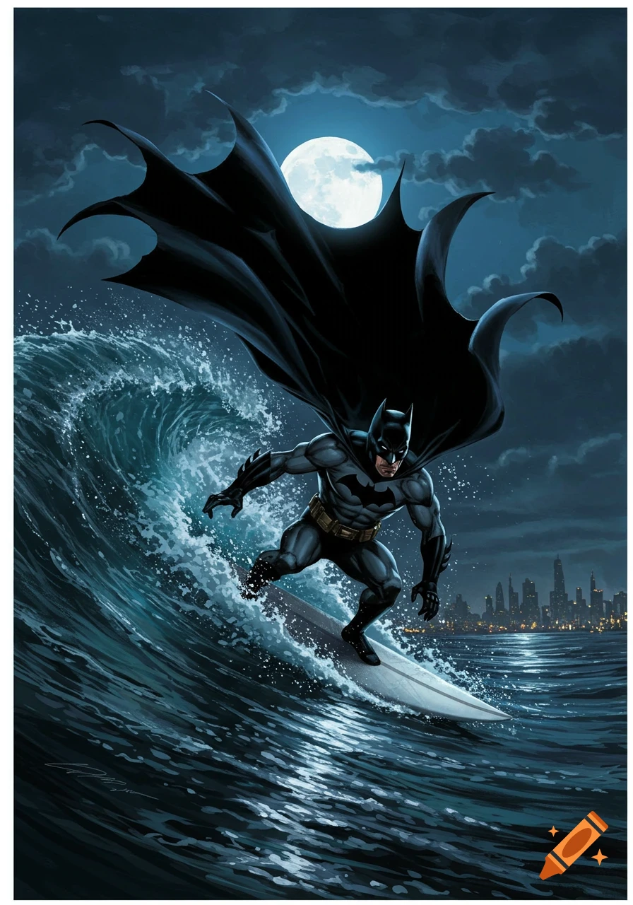Batman surfs a large wave at night under a full moon with a city skyline in the background, comic art style.