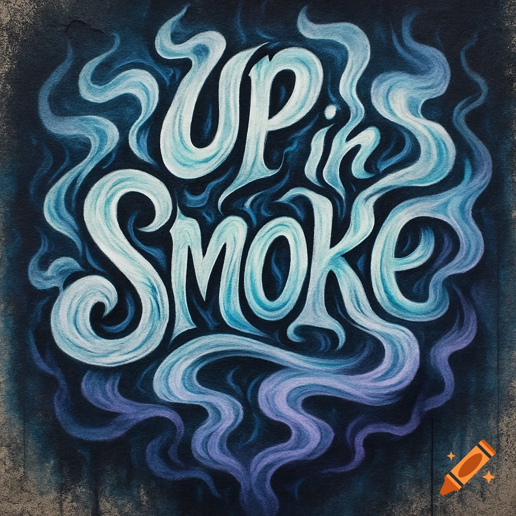 Stylized lettering of 'UP IN SMOKE' in light blue and white, surrounded by swirling blue and purple smoke against a dark textured background.