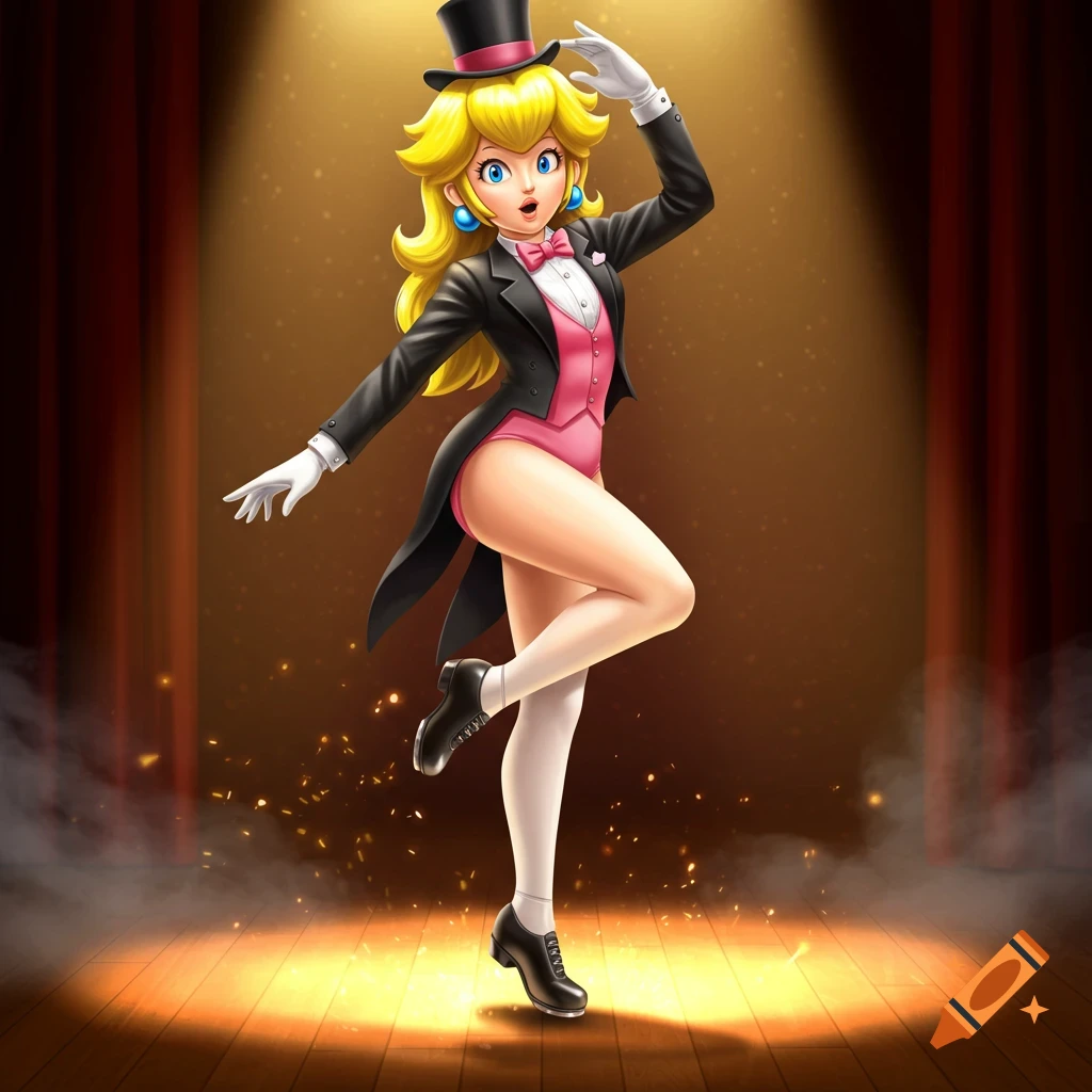 Princess Peach tap dancing on a spotlighted stage, wearing a black tuxedo jacket, pink leotard, top hat, white gloves, white tights, and black tap shoes.