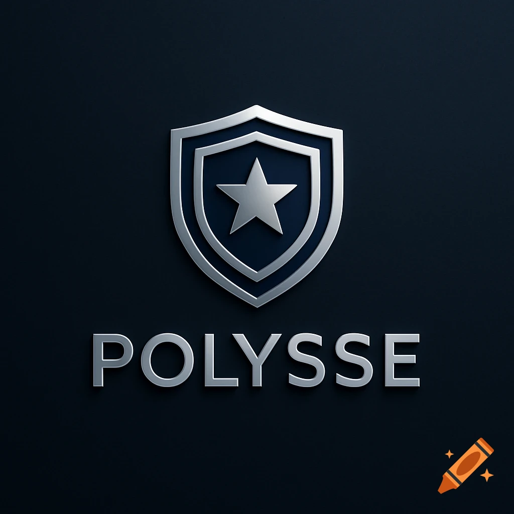 A metallic silver shield logo with a star inside, above the metallic silver word "POLYSSE" on a dark blue background.
