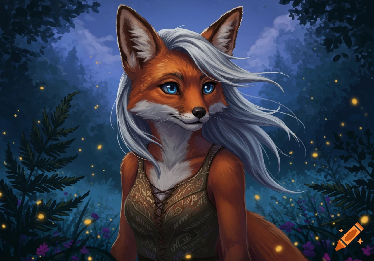 An anthropomorphic fox with silver hair and bright blue eyes in a dark, magical forest with glowing plants, digital art.