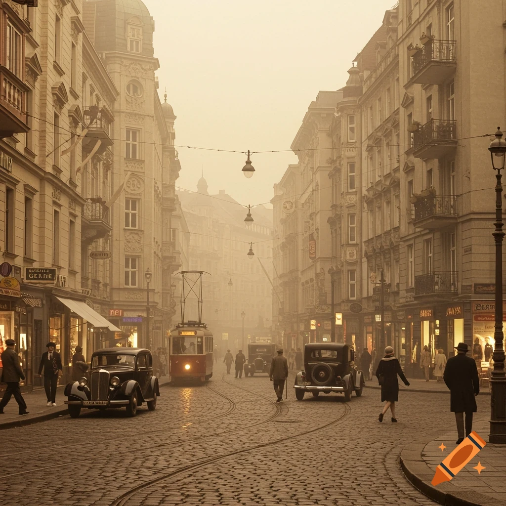 A hazy, sepia-toned street scene in a 1930s European city, with vintage cars, a tram, and people on cobblestone streets.