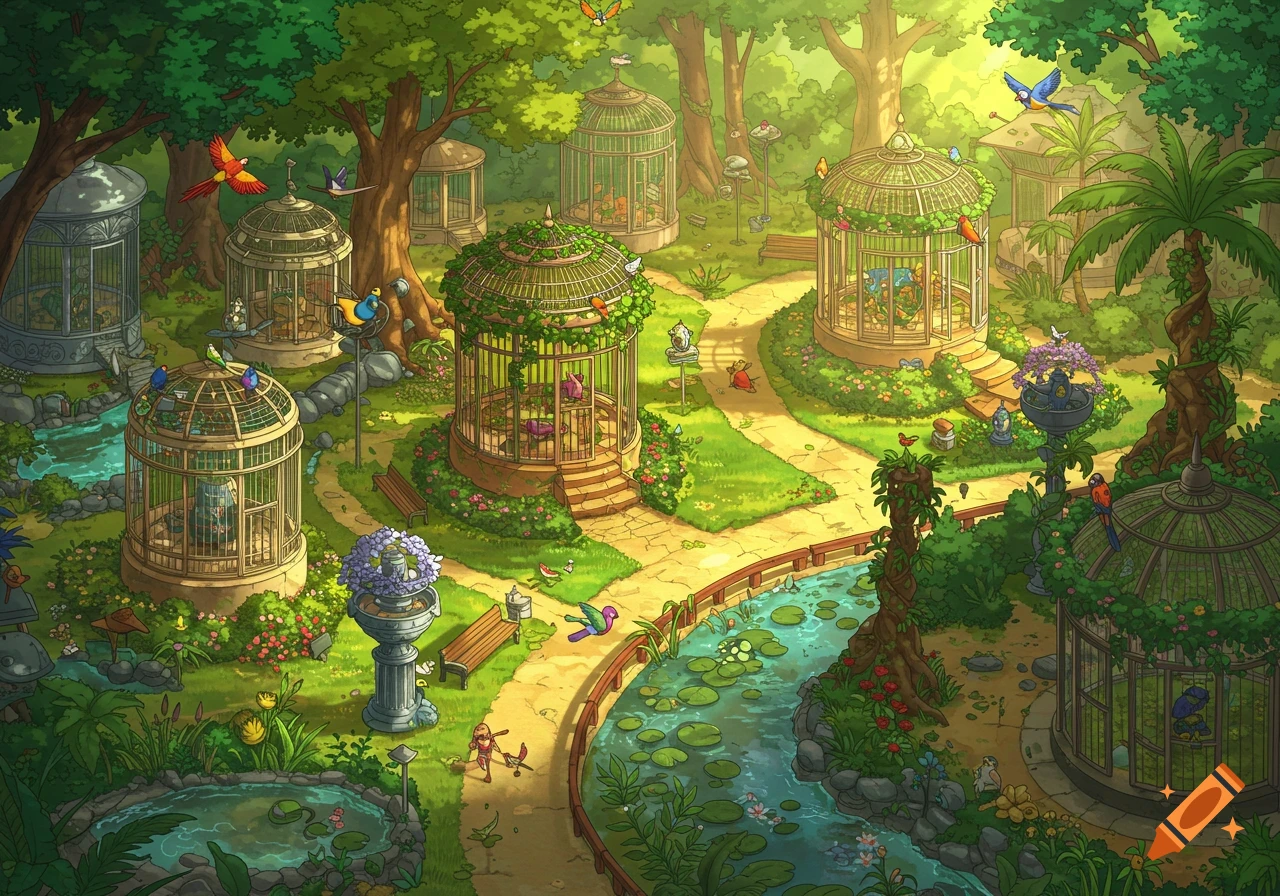 An animated, lush bird park with ornate cages, winding paths, a stream, and colorful birds amidst trees and flowers.