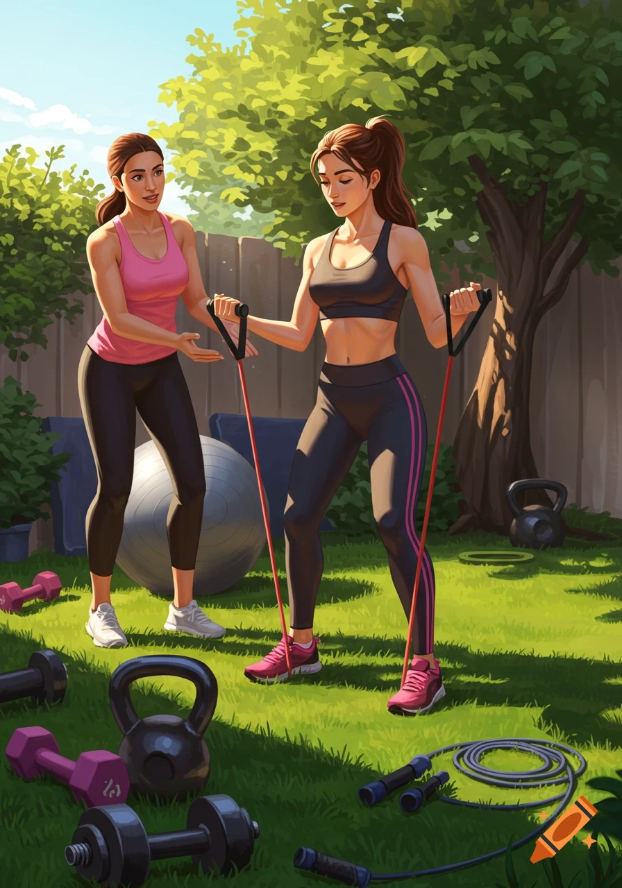 Two women exercise in a sunny backyard, one doing resistance band curls while the other coaches. Sports equipment scatters the grass in this illustrated scene.
