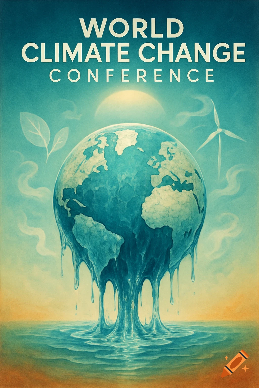 Vintage poster for a climate change conference, featuring a melting Earth dripping into water with a sun and windmill.