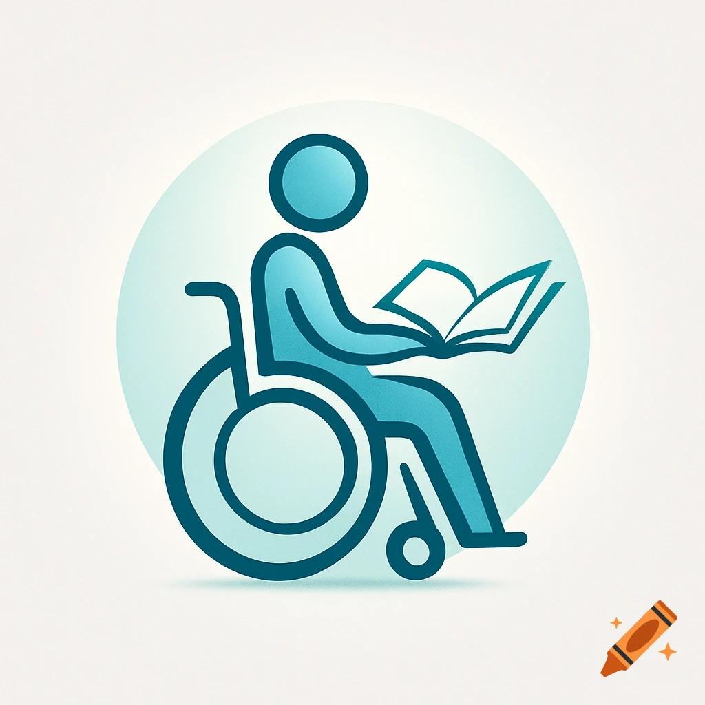 A stylized teal logo of a person in a wheelchair reading a book on a light blue background.