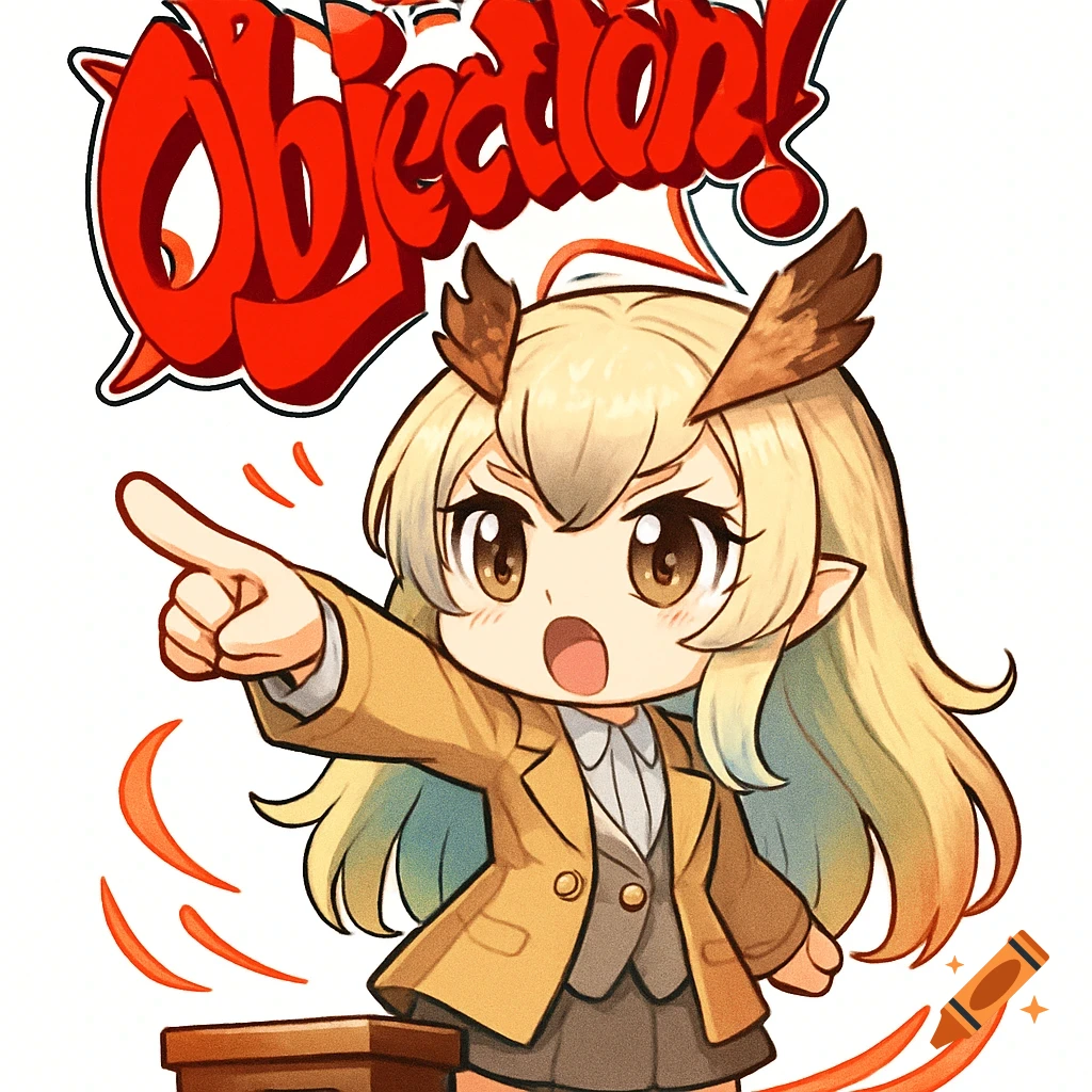 A chibi anime owl girl in a beige coat points forward, shouting "Objection!" in red comic text.