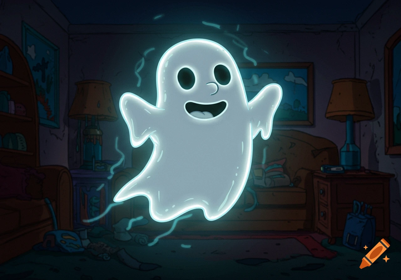 A friendly, glowing cartoon ghost floats in a dimly lit, messy room.