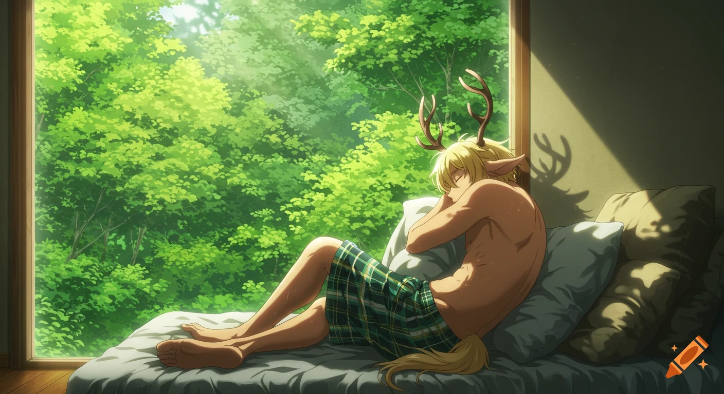 A blond anime satyr with antlers and a tail sleeps shirtless in plaid shorts by a large window overlooking a lush green forest.