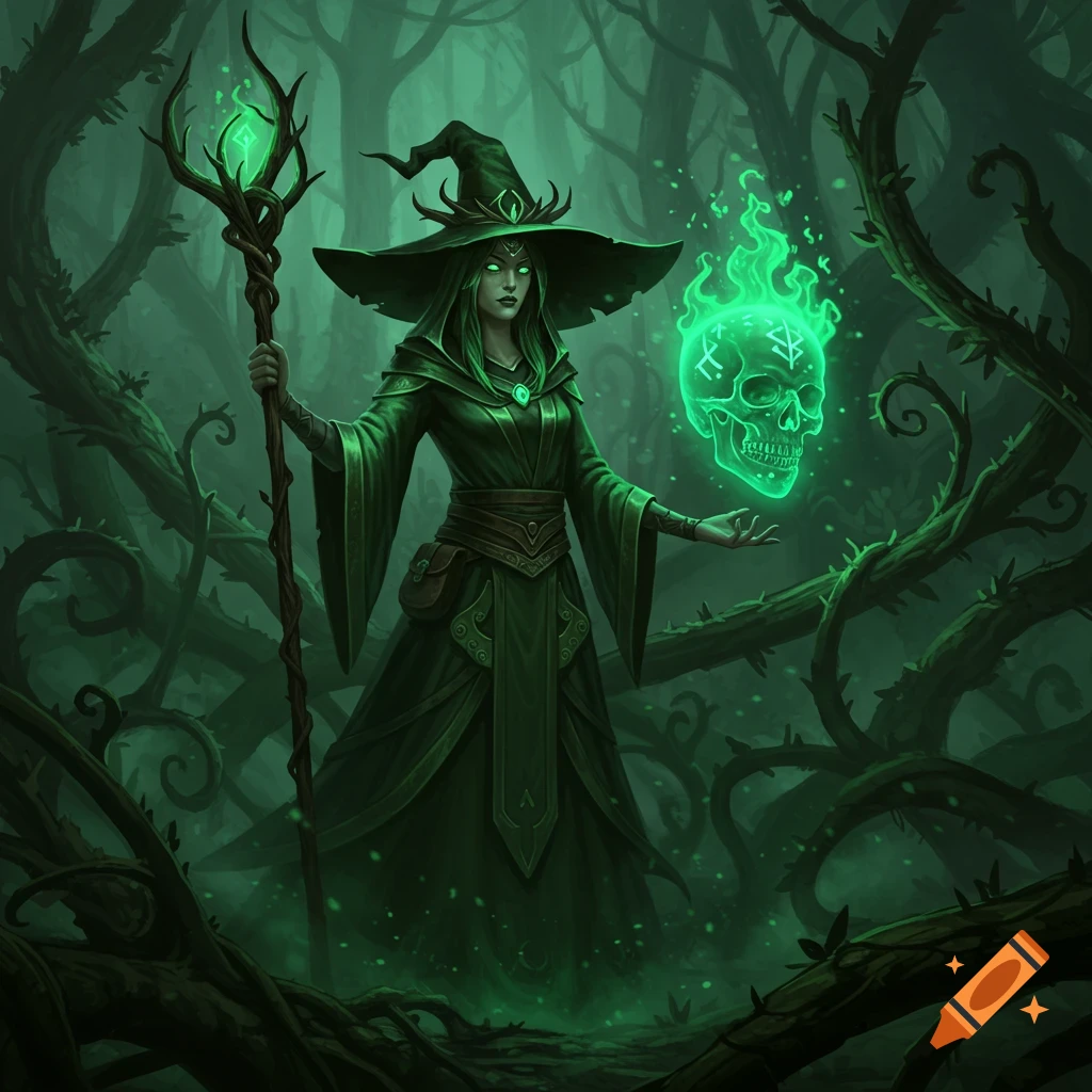 A witch in a dark, thorny forest holds a staff and conjures a glowing green skull with runes. Digital art.
