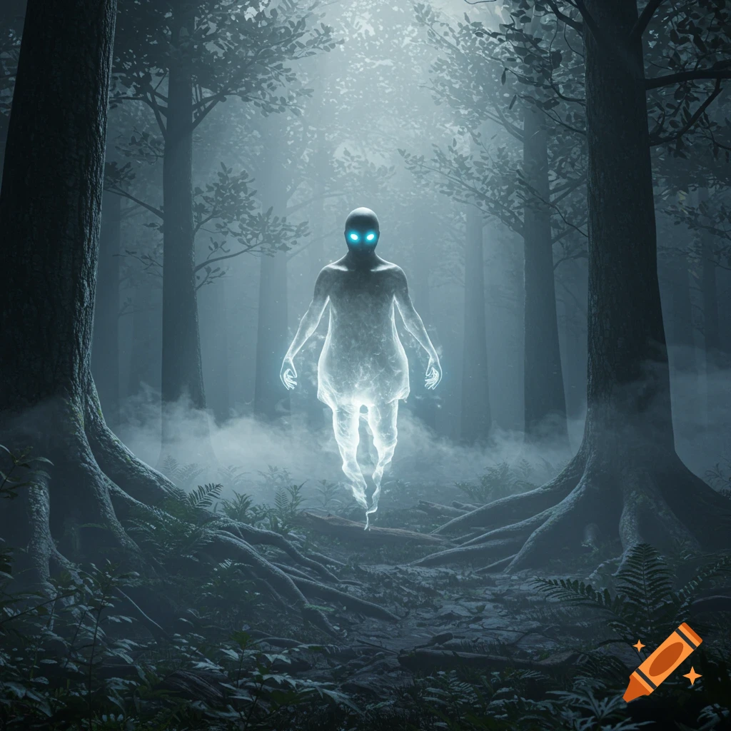 A glowing, translucent ghost-like figure with bright blue eyes floats in a dark, misty forest with large trees and gnarled roots.
