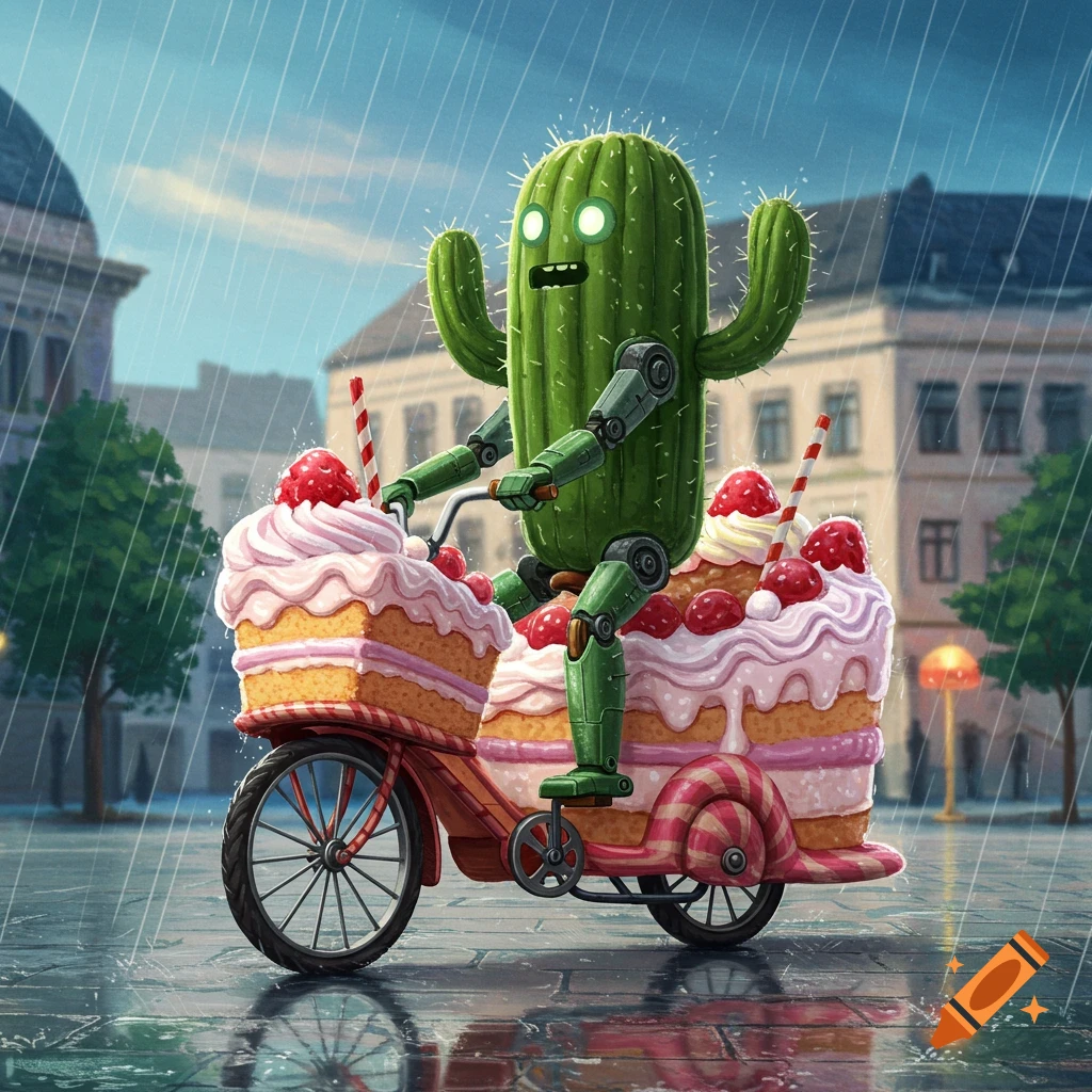 A whimsical robot cactus rides a cake-shaped bicycle through a rainy city street, illustrated.