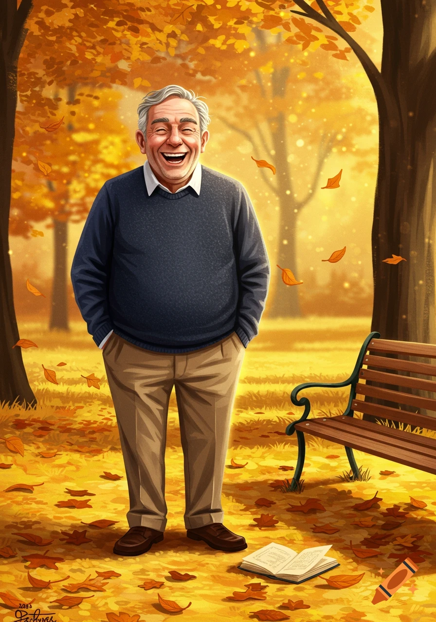 An illustration of a joyful elderly man with gray hair, laughing with hands in pockets in a sunlit autumn park filled with fallen leaves.