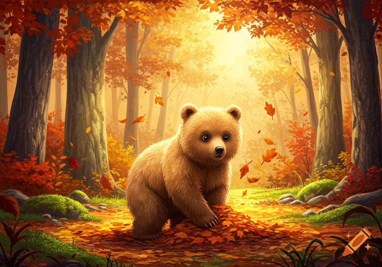 A cute brown bear cub sits on a pile of fallen orange leaves in a vibrant, sunlit autumn forest, illustrated digitally.
