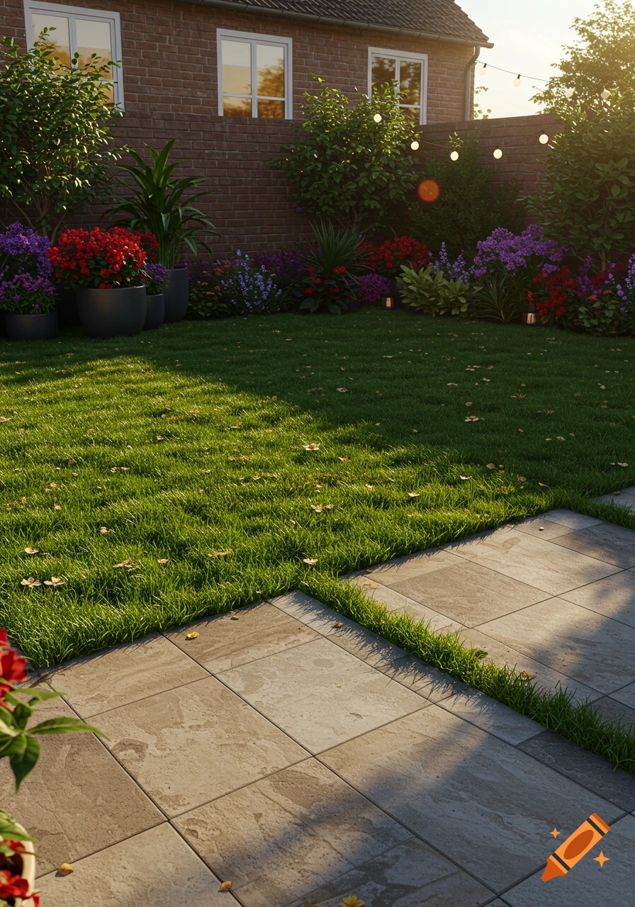 A sunny, well-maintained house backyard featuring green grass, a stone patio, colorful flowers, and a brick house.