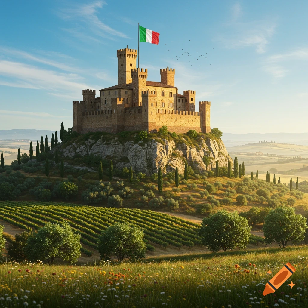 A grand medieval castle flies an Italian flag over a lush green vineyard and rolling hills under a blue sky.