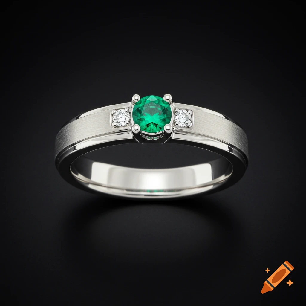 A white gold men's wedding ring with a prominent green emerald gemstone flanked by two smaller diamonds on a dark background.