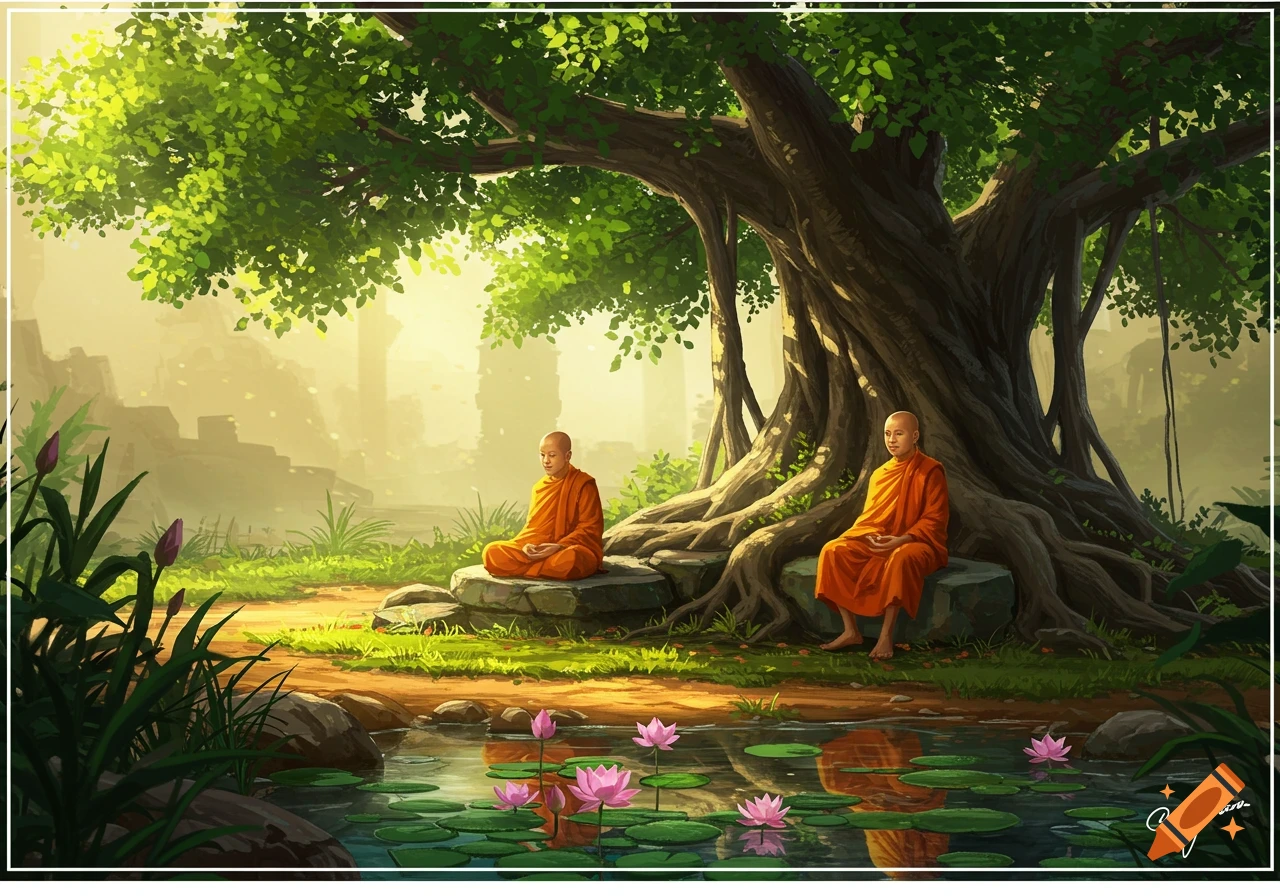 Two Buddhist monks meditate under a large banyan tree beside a lotus pond, with ancient ruins in the misty background, in a vibrant illustration.