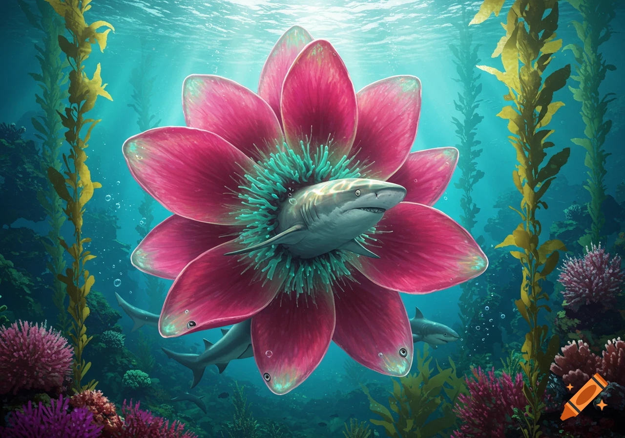 A vibrant pink flower with a shark's head and fins emerging from its center, swimming in a detailed underwater kelp forest.