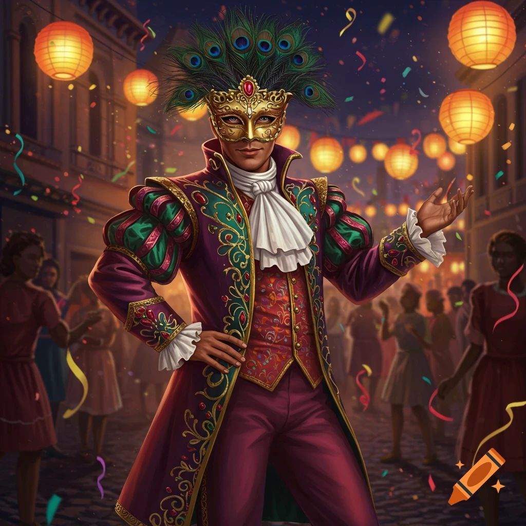 A man in an ornate purple and green carnival costume with a golden peacock feather mask poses on a festive street with lanterns and confetti.